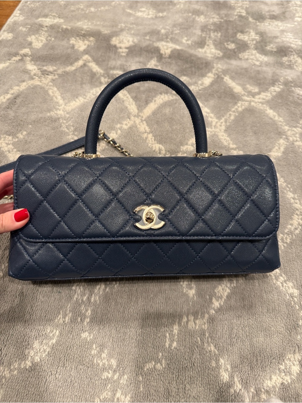 Chanel style Quilted Top Handle Flap Bag in Navy